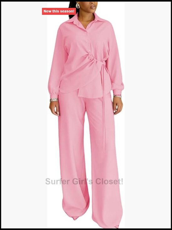 Pants - Button Down Shirt and Wide Leg Pants Matching Set 2 Piece Outfit